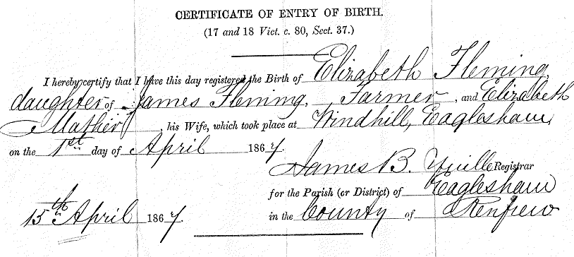 Fleming, Elizabeth Birth Cert Extract 1 Apr 1867