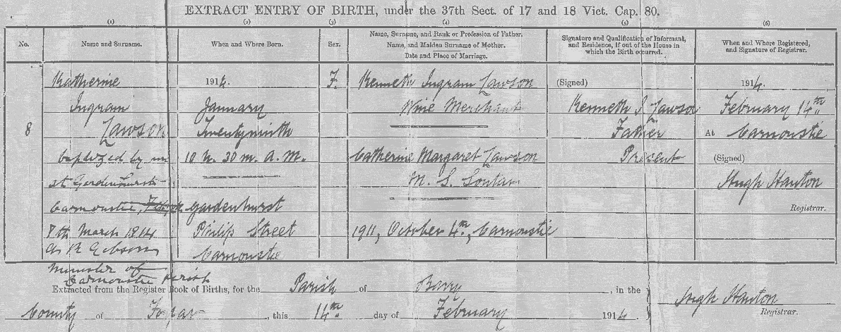Katherine Ingram Lawson MN Strang Birth Cert Extract 1914