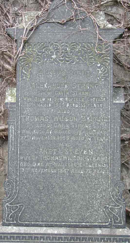 Janet Steven/ wife of Thomas Wilson Strang/ who died at Waukers, Eaglesham
18 November 1947 aged 76 years