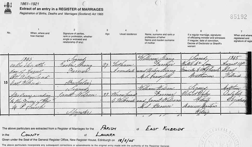 Gavin Strang to Janet Wilson Marriage Register Extract 1865
