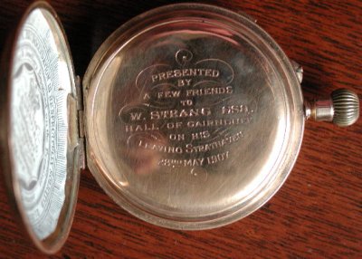 Gold watch presented to W. Strang on leaving 28 May 1907.